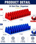 Low Profile 24 Slot Pliers Organizer Rack With Magnetic Base For Toolbox Drawers 2 Pack in Blue and Red, side view with measurements