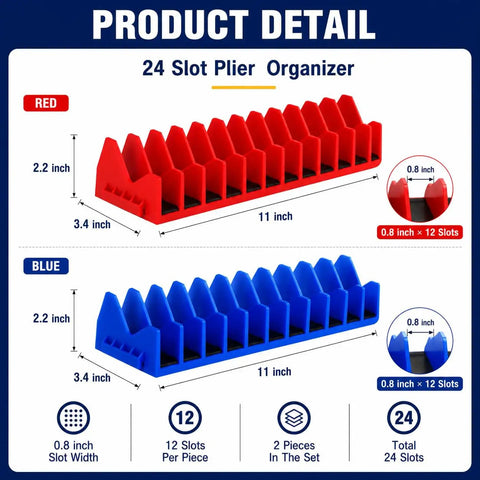 Low Profile 24 Slot Pliers Organizer Rack With Magnetic Base For Toolbox Drawers 2 Pack in Blue and Red, side view with measurements