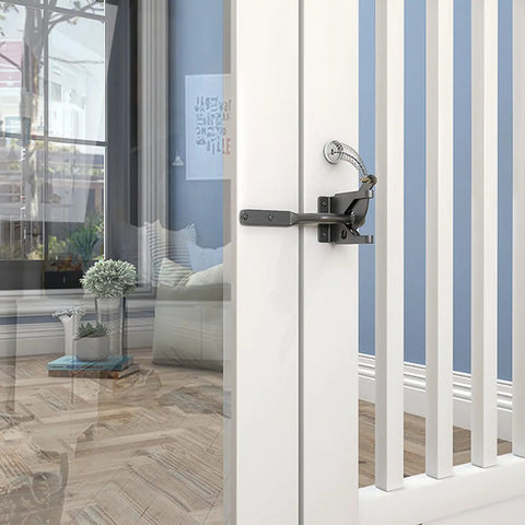 WUUWCHODC 2 Sets Spring Gate Latch Replacement Kit for Wood Fence on a white door with a sleek design and interior view.