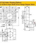 ZCT130 hollow rotary indexer dimensions for 6.35mm input shaft and 57mm flange stepper motor, precise CNC application.