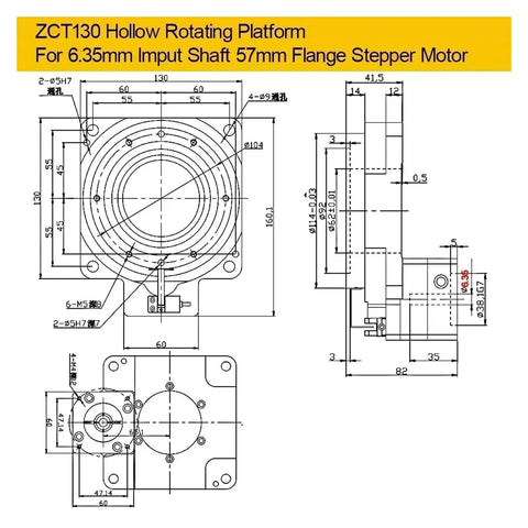 ZCT130 hollow rotary indexer dimensions for 6.35mm input shaft and 57mm flange stepper motor, precise CNC application.