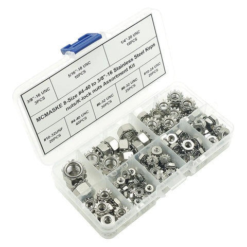 Stainless Steel Keeps Nuts With Integral Washers, 163 Piece Screw Bolt Box Covering 4-40 Through 3/8-16 Sizes assortment displayed in tackle case.