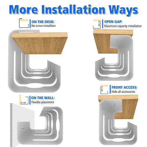 Image showing installation methods for Under Desk Cable Management Tray With No Drill Install Steel Wire Organizer Rack for cords.