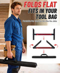 Manual holding Essential Top Shelf Adjustable Stair Tread Template Tool in a black carrying case, ideal for carpentry layouts.