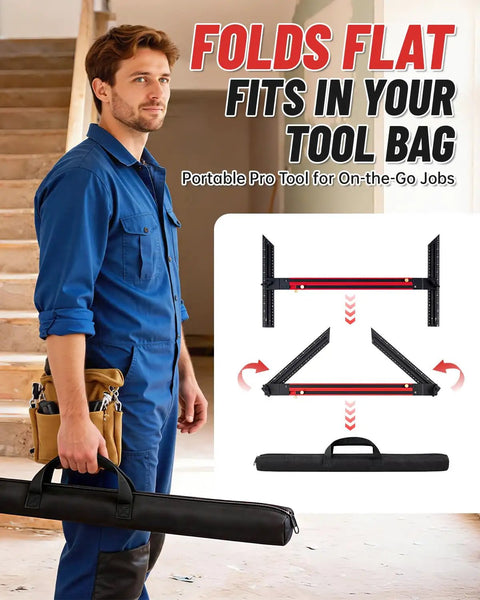 Manual holding Essential Top Shelf Adjustable Stair Tread Template Tool in a black carrying case, ideal for carpentry layouts.