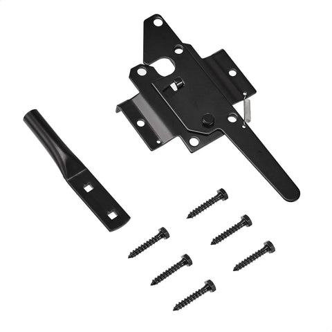 Flush Mounted Gate Latch In Black, Self-Latching Steel, 13.39 Inch Length, One Pack with Mounting Screws, All Hardware Shown