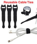 Must Have Weighted Desktop Cable Organizer That Keeps Cords Tidy All Day Heavy Duty Cord Holder Eco Friendly Silicone No Odor Includes Four Reusable Cable Ties Black, shown securing cables.