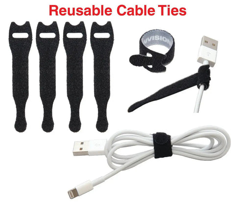 Must Have Weighted Desktop Cable Organizer That Keeps Cords Tidy All Day Heavy Duty Cord Holder Eco Friendly Silicone No Odor Includes Four Reusable Cable Ties Black, shown securing cables.