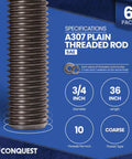 Unfinished Three Quarter Inch Threaded Rods 10 TPI UNC Coarse 36 Inch Length 6 Pack With Nuts And Washers Heavy Duty Carbon Steel A307