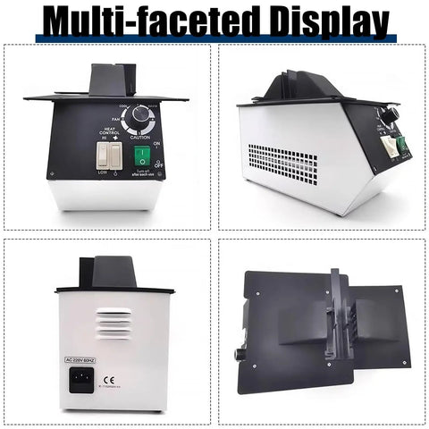 Premium Optical Glasses Frame Heater Featuring A Heavy Hitter 1500W Heating Element and Quick Fan Cooling, multi-faceted display from different angles.
