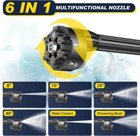 6 in 1 multifunctional nozzle for cordless pressure washer, offers various spray angles for versatile cleaning purposes.