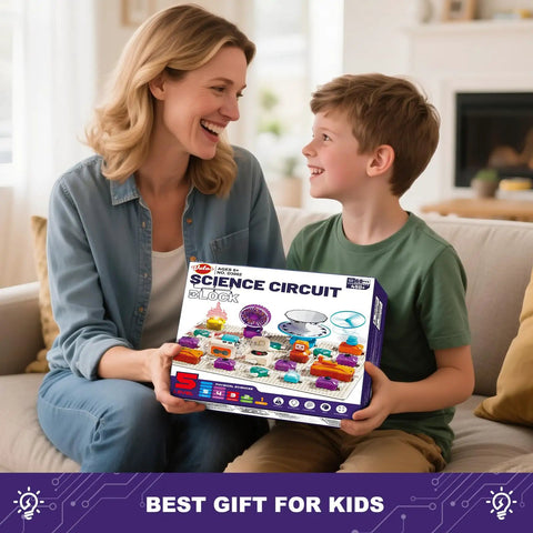 Mother and son smiling while holding a box of Kids Electric Circuit Kit With 68 Pieces For Electronics Exploration, 450 Plus Projects