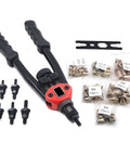 Hand Nut Riveter Kit With Quick Change Head, 330mm Reach, showing rivnut tool, mandrels, and nut sert fasteners with case