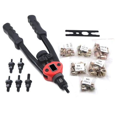 Hand Nut Riveter Kit With Quick Change Head, 330mm Reach, showing rivnut tool, mandrels, and nut sert fasteners with case