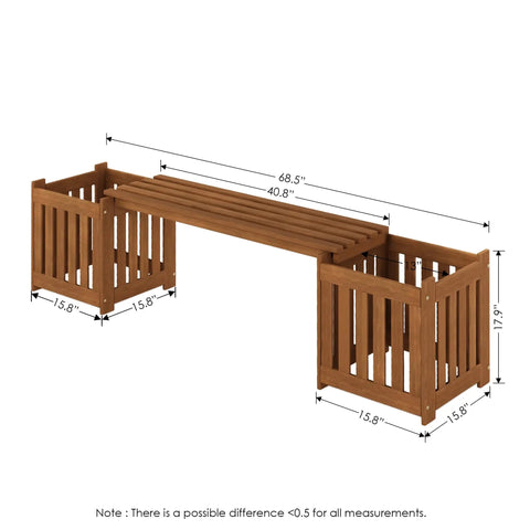 Two In One Planter Bench Set With Premium Hardwood Planters Outdoor Garden Bench For Patio Porch Balcony Or Backyard Two 15.8 Inch Square Boxes Connected By A 40.5 Inch Seat Create A Space Saving Versatile Floral Display with measurements.
