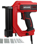 2 In 1 Electric Brad Nailer And Staple Gun With 18 Gauge Nails And Narrow Crown Staples, showing a red and black corded tool with fastener strips.