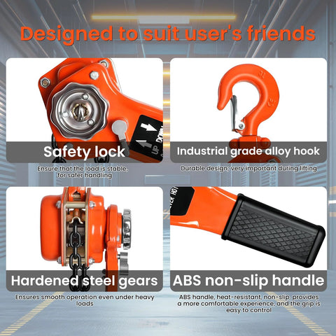 6 Ton Manual Lever Chain Hoist with 20 Ft Lift, featuring safety lock, industrial grade hook, hardened steel gears, and non-slip handle.