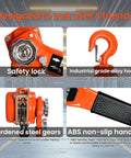 Heavy Duty Manual Lever Hoist With 20ft G80 Chain Swivels Smoothly showing safety lock, alloy hook, steel gears, and non-slip handle.
