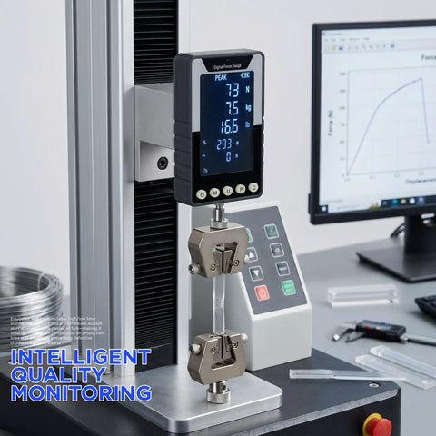 Six Way Testing Kit Digital 1000N Force Gauge With USB C Data Output N Kg Lb Units Push Pull Gauge For Tension And Compression Testing Battery Powered Includes Four Compression Platters Tension Hook And Extension Shaft, mounted on test rig