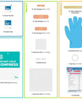 Front view of Be Smart Get Prepared 110 pc First Aid Kit contents: alcohol pads, bandages, gauze, gloves, tape, cold compress