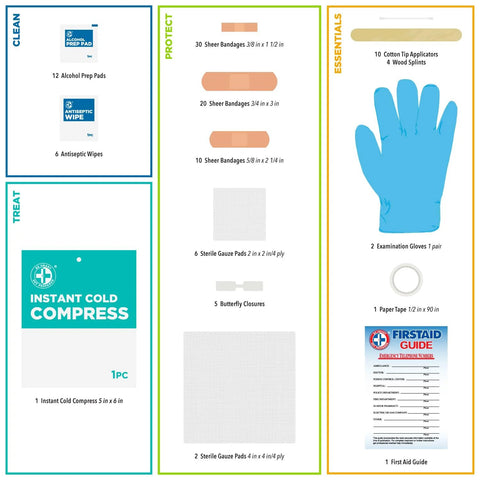 Front view of Be Smart Get Prepared 110 pc First Aid Kit contents: alcohol pads, bandages, gauze, gloves, tape, cold compress