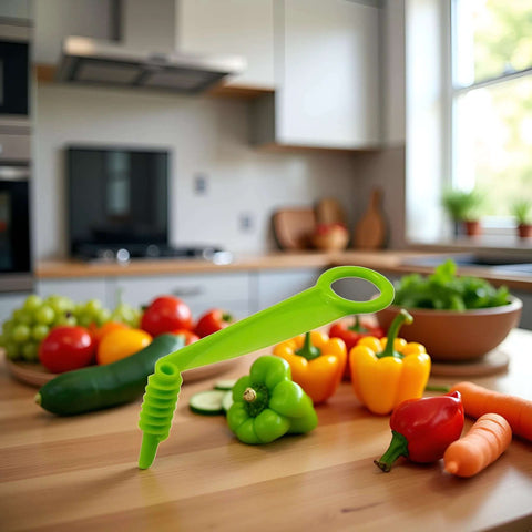 Front view of green plastic handheld spiral slicer on a kitchen counter with peppers, cucumbers and carrots.