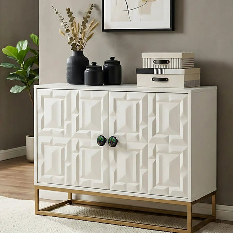 Slick Tree Of Life Sun And Moon Cabinet Knobs 4 Pack on modern dresser with decorative elements, white cabinet with gold legs.