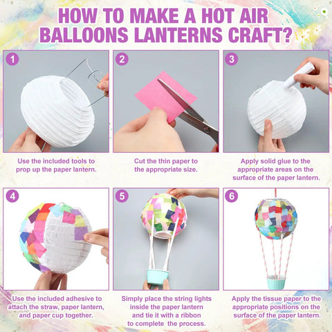 12 Sets Hot Air Balloon Tissue Paper Craft Kit Party Centerpieces With Paper Lanterns String Lights Cups Straws Ribbons Instructions