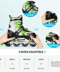 Instructions on how to adjust Adjustable Inline Skates For Kids And Teens With Light Up Wheels, 3 Sizes S M L, in green