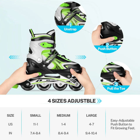 Instructions on how to adjust Adjustable Inline Skates For Kids And Teens With Light Up Wheels, 3 Sizes S M L, in green