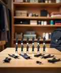 12 Piece Black Zip Puller Repair Kit For Zippers No Sweat Instant Slider Replacement Set For Jackets Coats Backpacks And Sewing Projects Universal Zipper Fix Sliders Quick Rescue Replacement Pack displayed on table in a sewing room.