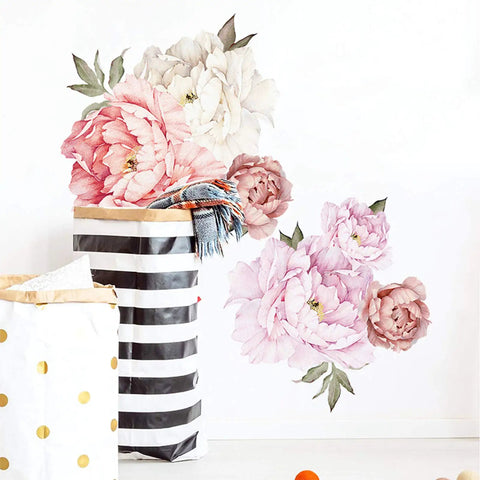 Peony Wall Decals Set For Living Room And Bedroom, Delicate Pink And White Floral Vinyl Stickers on wall near striped basket