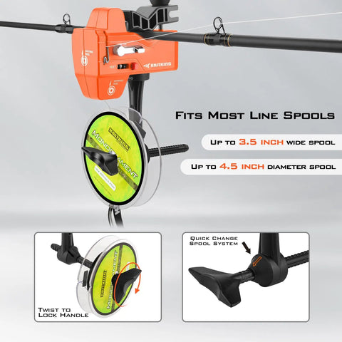Kalibrate Line Spooler With Line Counter Portable Fishing Accessory Without Line Twist for spinning and casting reels displayed.