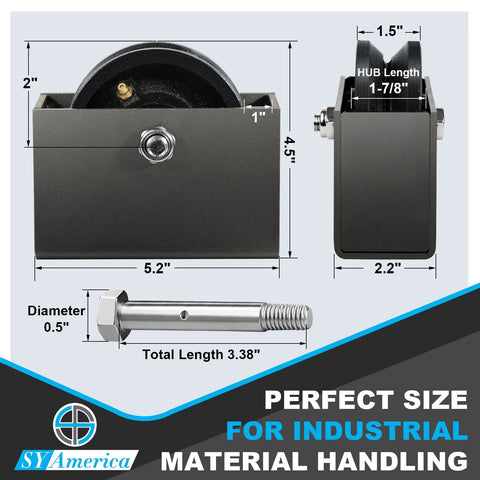 Diagram of Beefy Heavy Duty Cast Iron V Groove Wheel 4 Inch By 1.5 Inch With Steel Housing, 600 lbs load, boxed track wheel dimensions