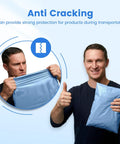 Poly Mailers 10x13 Inches 50 Pack Self Seal Shipping Envelopes Weatherproof Tear Resistant For Clothing Water Resistant Packaging Bags In Haze Blue For Small Biz shown being stretched and held by a smiling person.