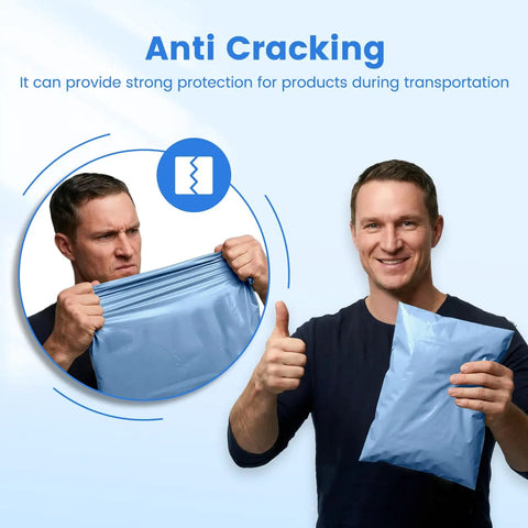 Poly Mailers 10x13 Inches 50 Pack Self Seal Shipping Envelopes Weatherproof Tear Resistant For Clothing Water Resistant Packaging Bags In Haze Blue For Small Biz shown being stretched and held by a smiling person.