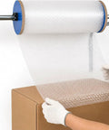 Pro Level Commercial Wall Mounted Foam Wrap Roll Dispenser For Heavy Shipping Packing And Moving With Ridiculously Strong Galvanized Steel Film Rack holding bubble wrap for packaging.