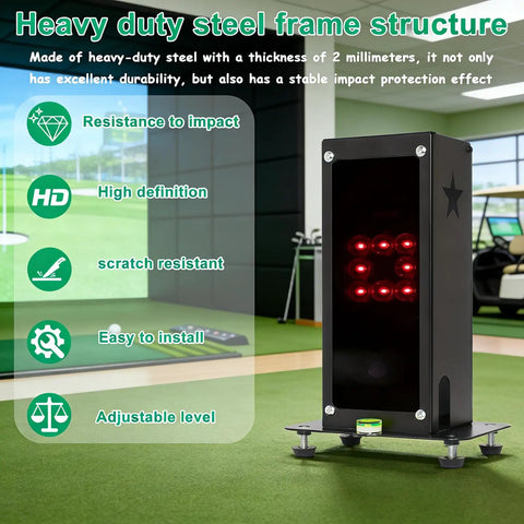 Heavy Duty Metal Protective Case For Square Golf Launch Monitor With Leveling Stand And Clear Acrylic Screen All In One Indoor Outdoor Simulator Enclosure highlighting steel frame and features