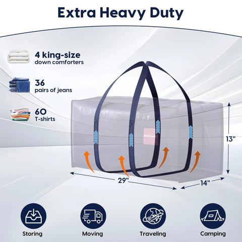 Six Pack Heavy Duty Moving Bags 210GSM With Full Open Side Zipper 93L shown with storage capacity for comforters, jeans, and T-shirts.