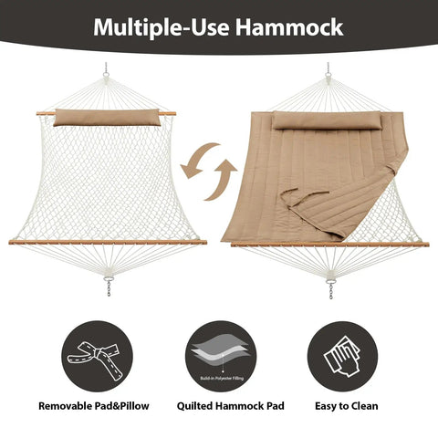 Outdoor Double Hammock With Hardwood Spreader Bars, Ultra Comfy 475 Lbs Capacity For Two, Rope Hammock With Quilted Polyester Pad And Pillow