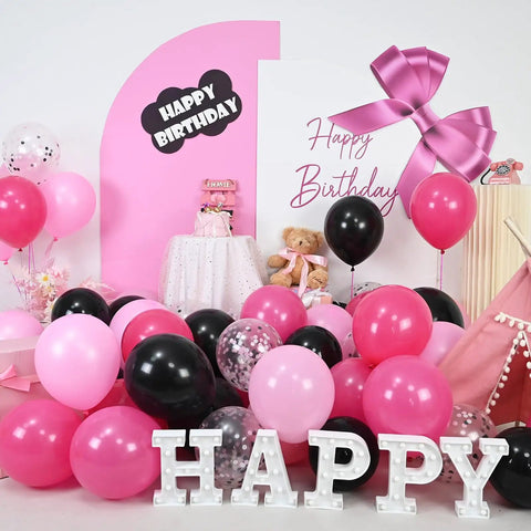 Hot Pink And Black Balloons Set 60 Count With Confetti for Birthdays, Baby Showers, displayed in a vibrant party scene