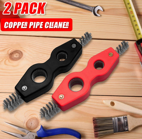 2-pack Hordon copper pipe cleaners, 4-in-1 deburring brushes for 1/2 and 3/4 in pipes, black and red, front view
