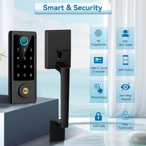Smart Door Lock With Full Handle Set And Fingerprint Access, Keyless Entry, Bluetooth Front Handle, Electronic Keypad Deadbolt