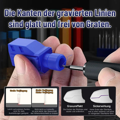 Knockout Quality Model Scriber Featuring A Slick Hook Tip 015 Millimeter Tungsten Steel Blade Panel Line Tool, shown in use on a blue plastic model.