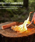 Fatwood Fire Starter Sticks Pack Resin Rich Tinder Waterproof And Windproof For Camping Hiking Bushcraft And Survival Gear Includes Four Three Point Nine Inch Sticks With Pre Drilled Hole For Ferro Rod on tree stump, igniting with flame