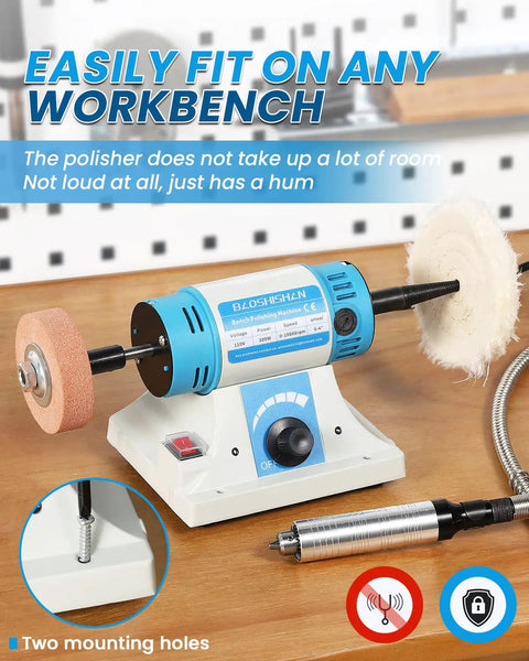 Heavy Duty Workhorse Bench Buffer Polisher Kit Featuring Flexible Shaft And Drill Chuck, mounted with plush polishing wheels.