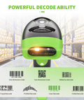 Wireless QR Barcode Scanner All In One Bluetooth 1D 2D Reader USB Image Code Scanner shown in a warehouse with barcode examples