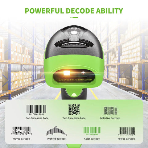 Wireless QR Barcode Scanner All In One Bluetooth 1D 2D Reader USB Image Code Scanner shown in a warehouse with barcode examples