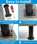 Installation steps for Heavy Duty Metal Adjustable Furniture Legs Set Of 4, 4.7 To 7 Inch, Black Finish, Wide Base for stability and no wobble
