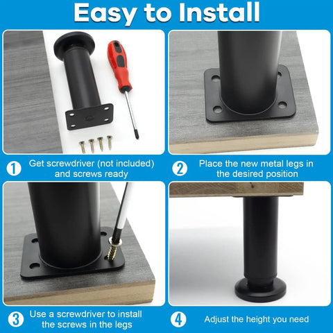 Installation steps for Heavy Duty Metal Adjustable Furniture Legs Set Of 4, 4.7 To 7 Inch, Black Finish, Wide Base for stability and no wobble